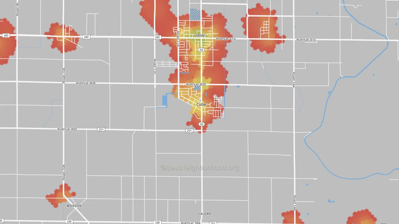 Walk Grade map of Cutler, CA, walkable areas in green and car-dependent areas in red