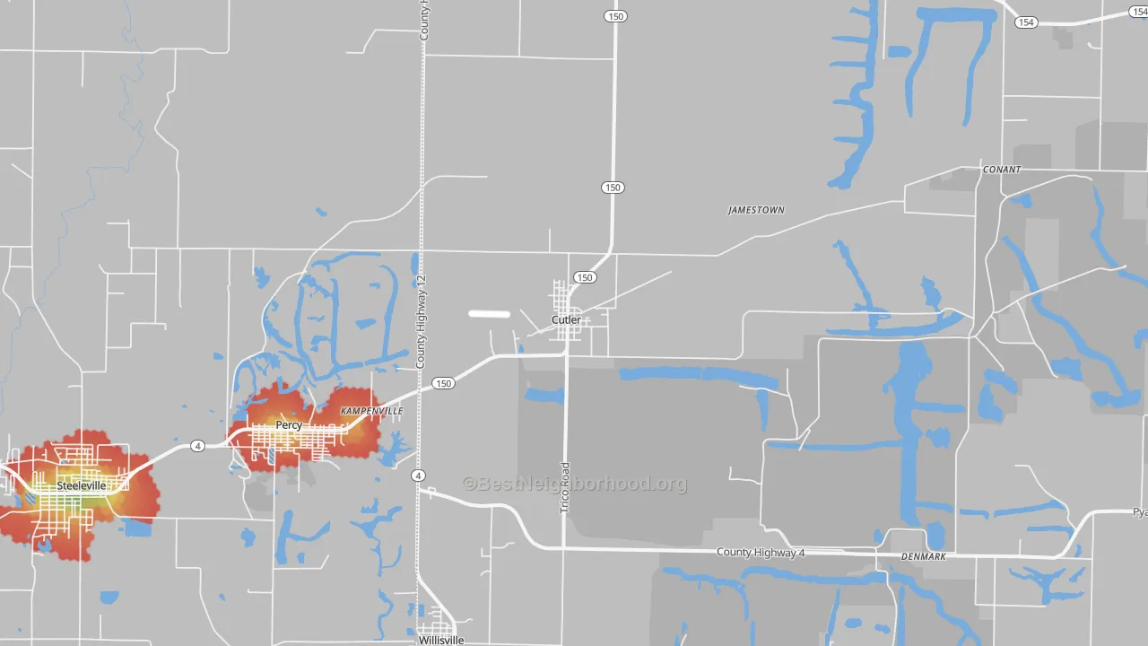 Walk Grade map of Cutler, IL, walkable areas in green and car-dependent areas in red