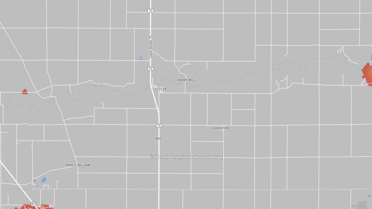 Walk Grade map of Cutler, IN, walkable areas in green and car-dependent areas in red