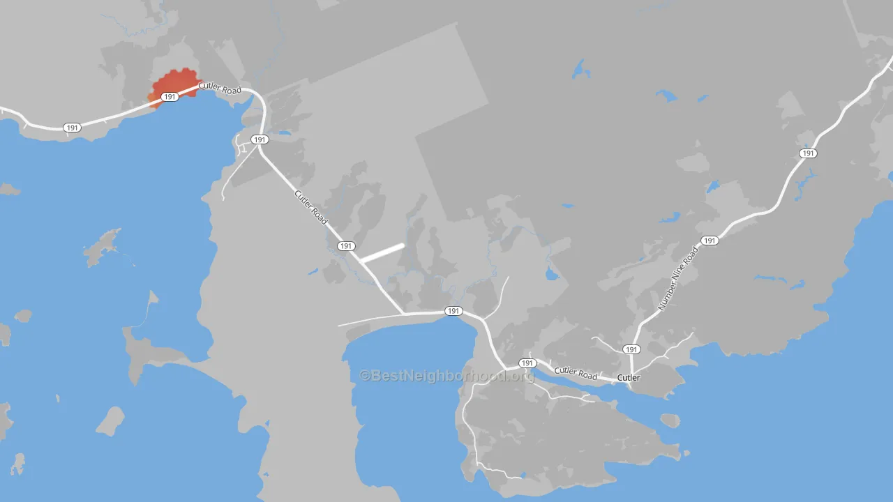 Walk Grade map of Cutler, ME, walkable areas in green and car-dependent areas in red