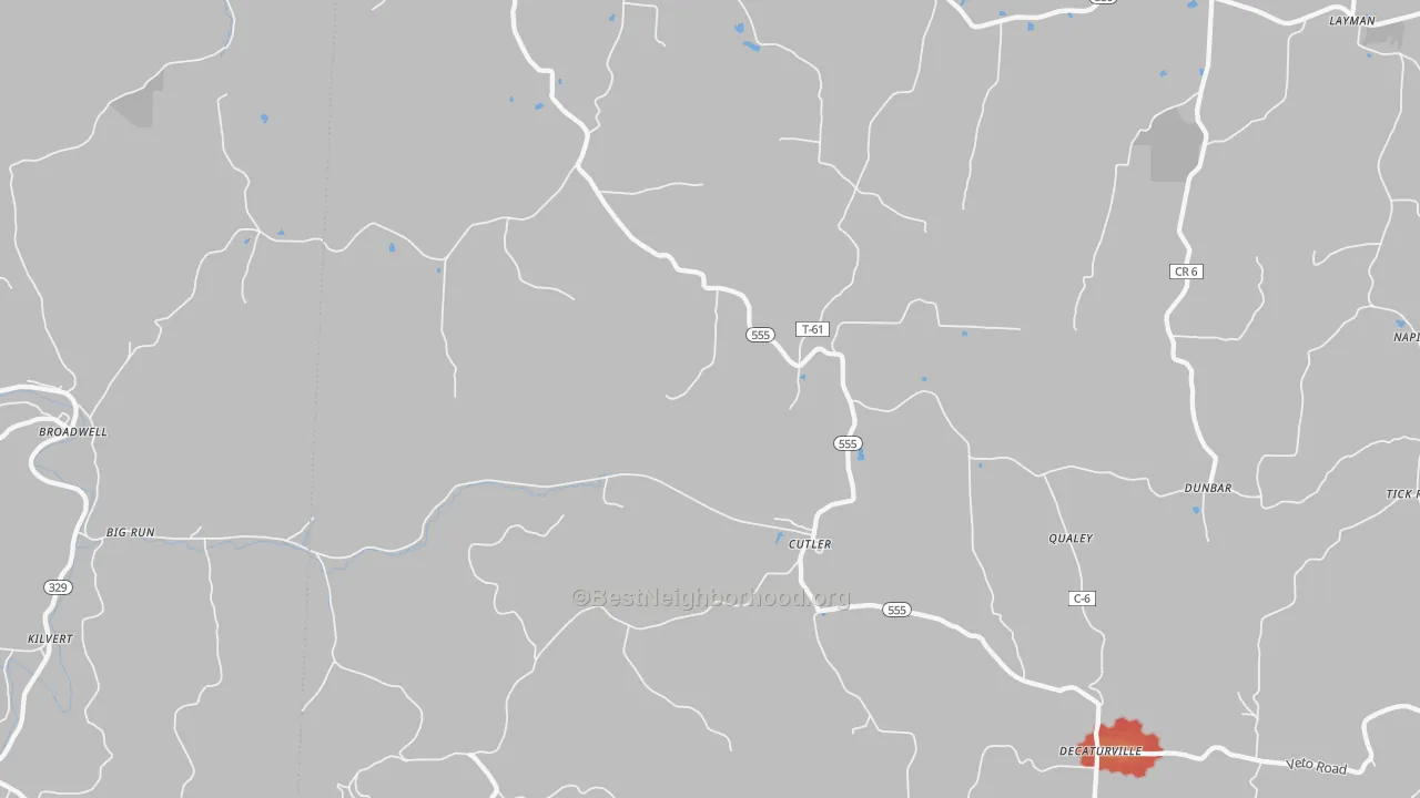 Walk Grade map of Cutler, OH, walkable areas in green and car-dependent areas in red