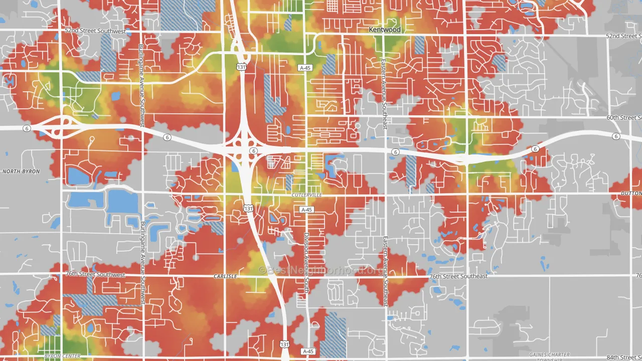 Walk Grade map of Cutlerville, MI, walkable areas in green and car-dependent areas in red