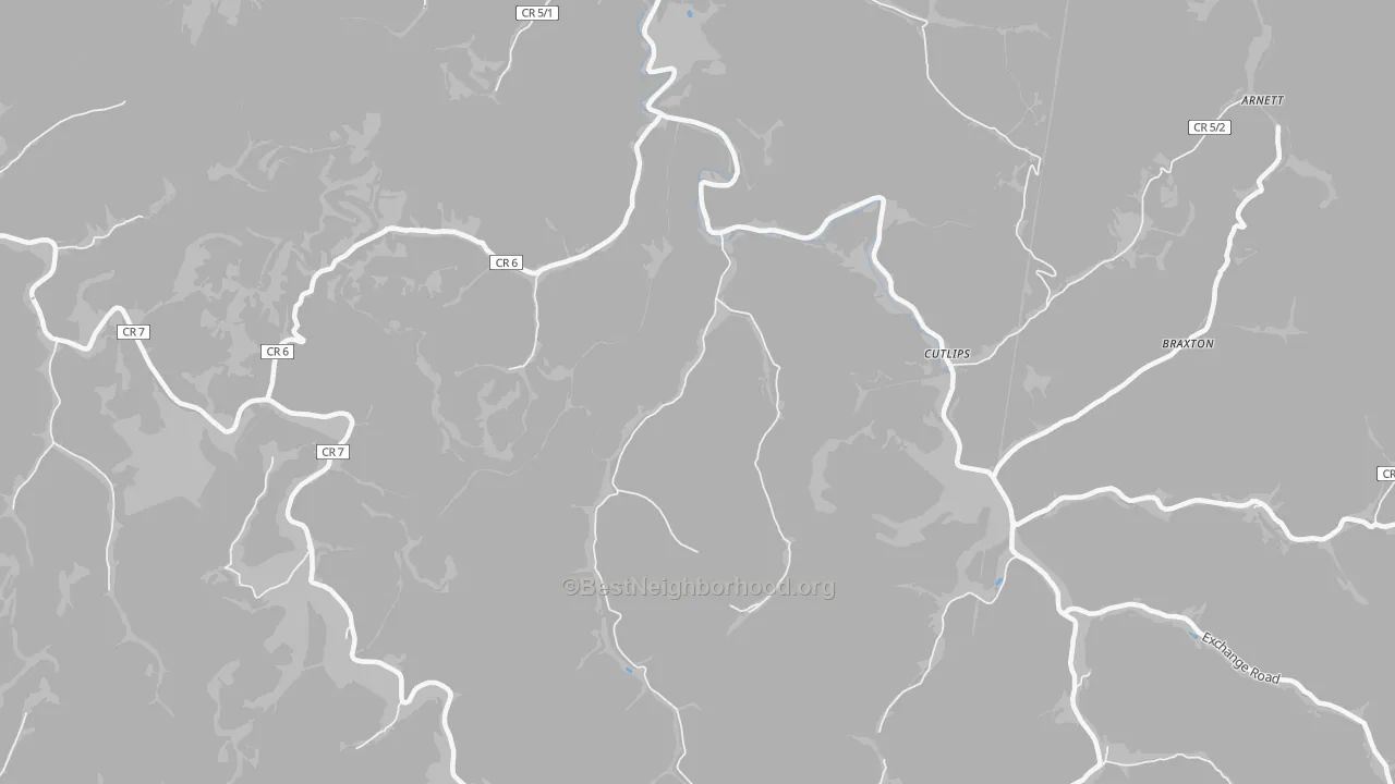 Walk Grade map of Cutlips, WV, walkable areas in green and car-dependent areas in red