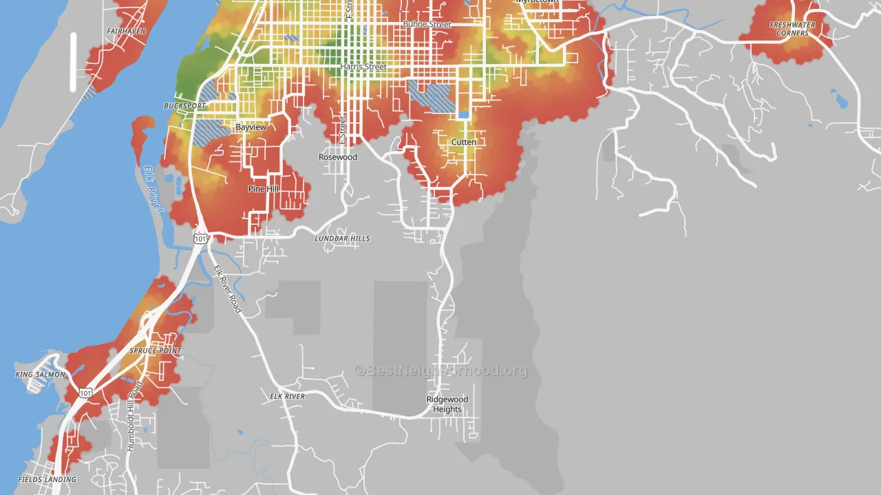 Walk Grade map of Cutten, Eureka, CA, walkable areas in green and car-dependent areas in red