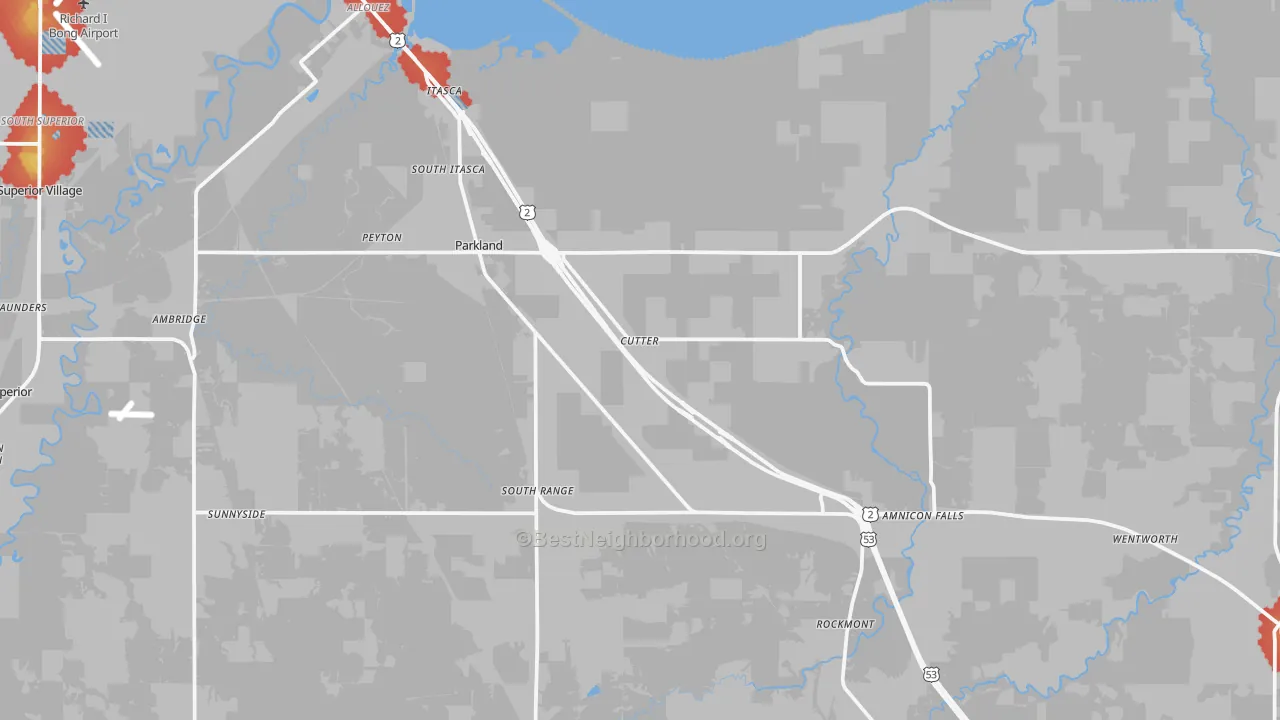 Walk Grade map of Cutter, WI, walkable areas in green and car-dependent areas in red