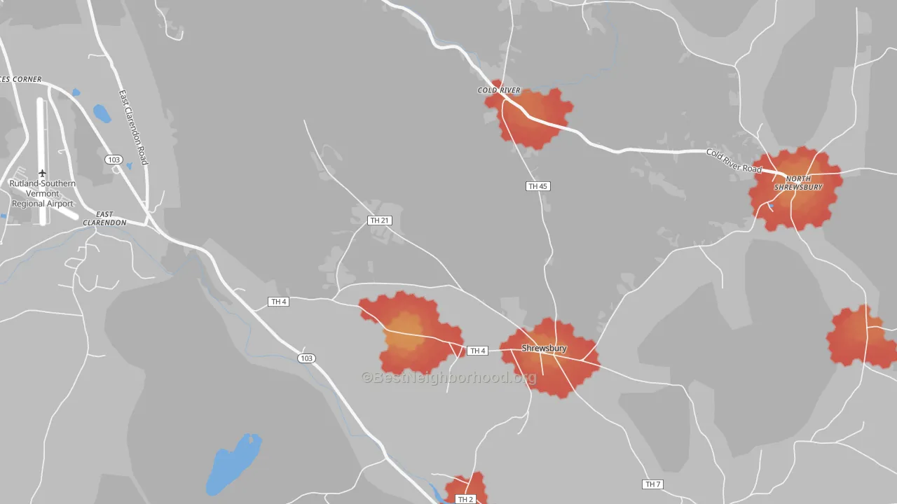 Walk Grade map of Cuttingsville, VT, walkable areas in green and car-dependent areas in red