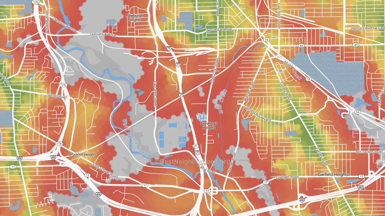Walk Grade map of Cuyahoga Heights, OH, walkable areas in green and car-dependent areas in red