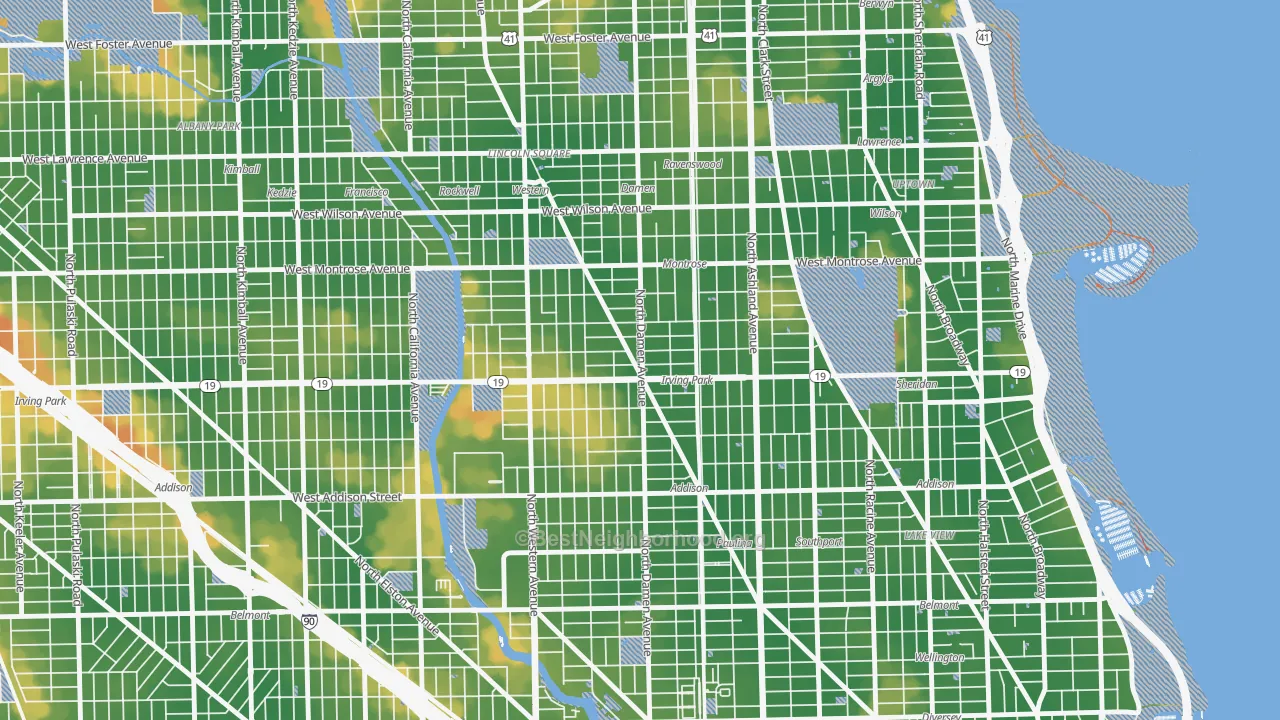 Walk Grade map of Cuyler, Chicago, IL, walkable areas in green and car-dependent areas in red
