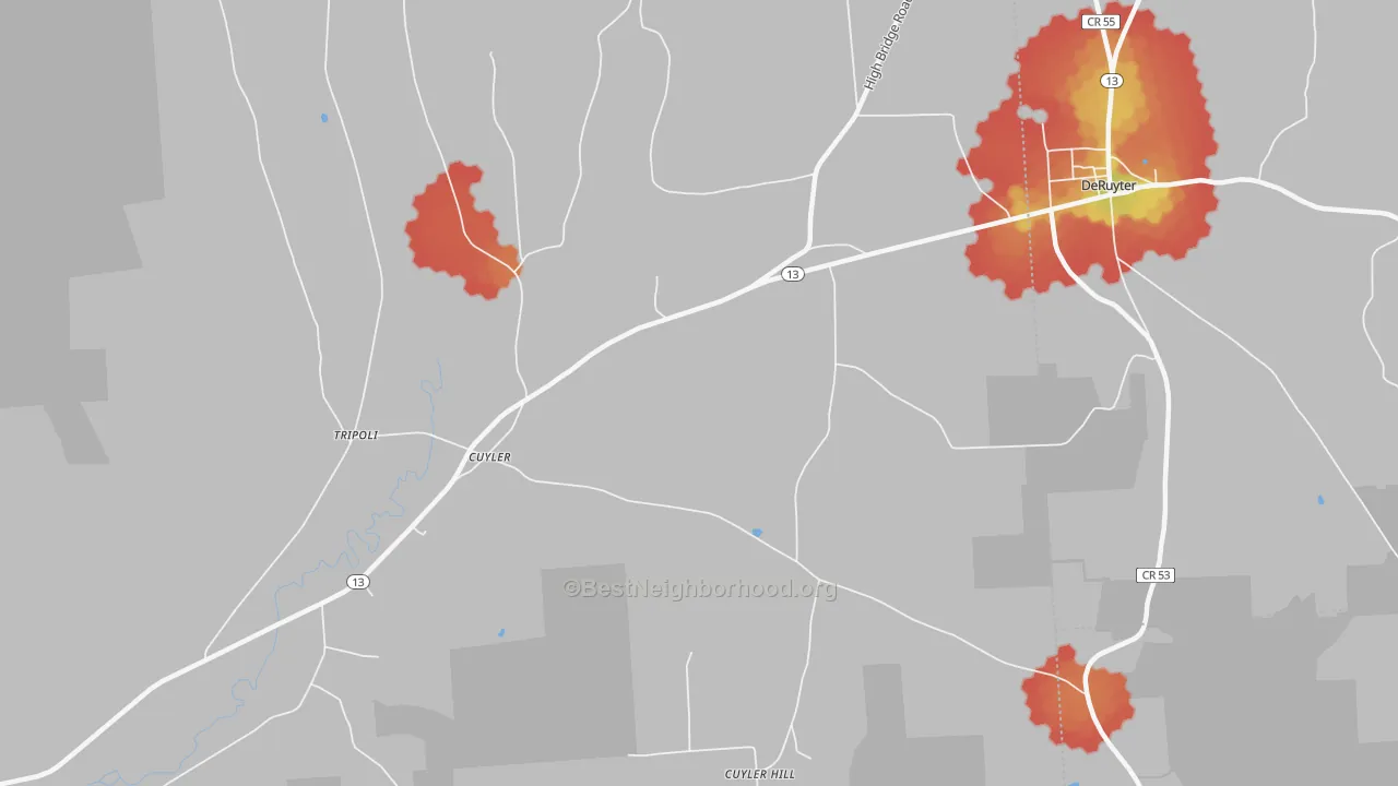 Walk Grade map of Cuyler, NY, walkable areas in green and car-dependent areas in red