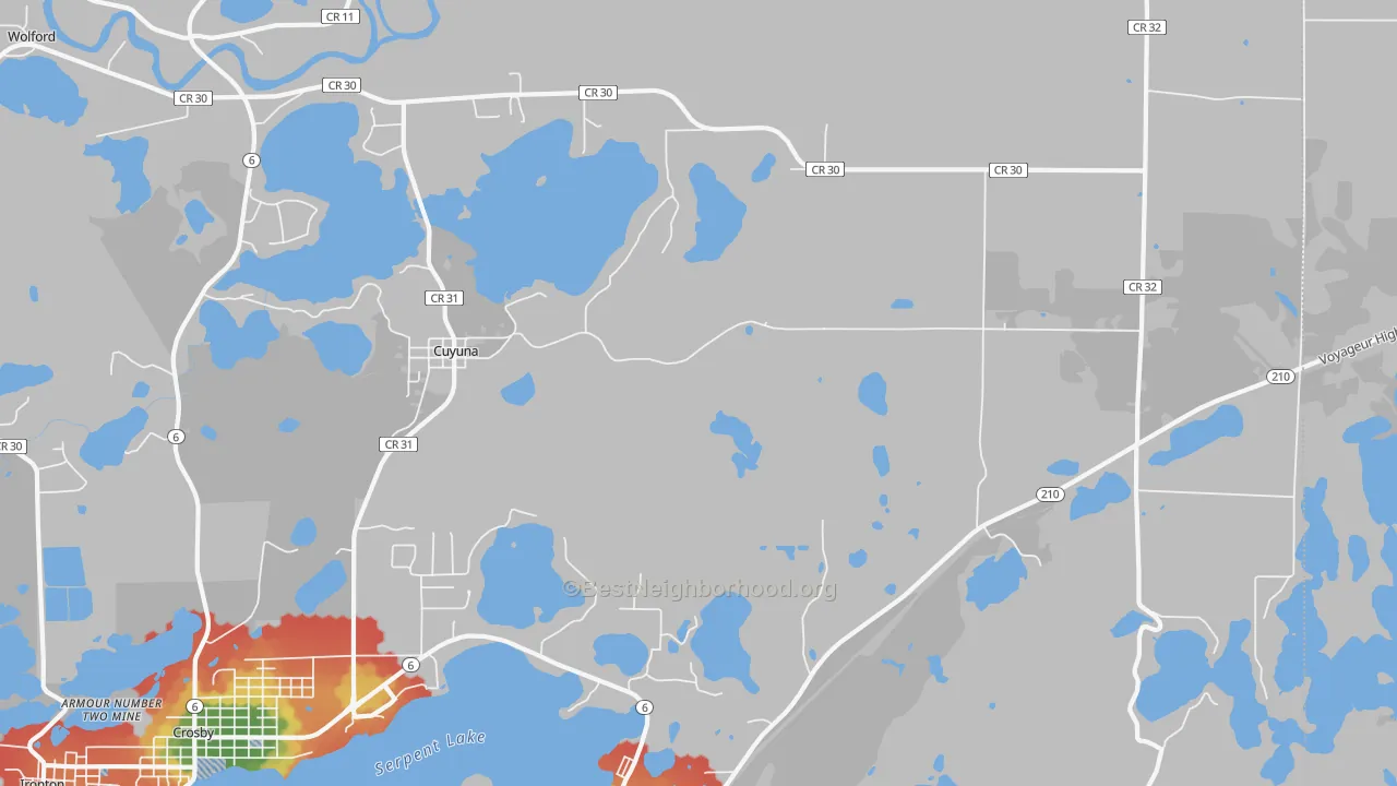 Walk Grade map of Cuyuna, MN, walkable areas in green and car-dependent areas in red
