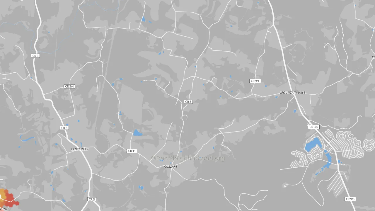 Walk Grade map of Cuzzart, WV, walkable areas in green and car-dependent areas in red