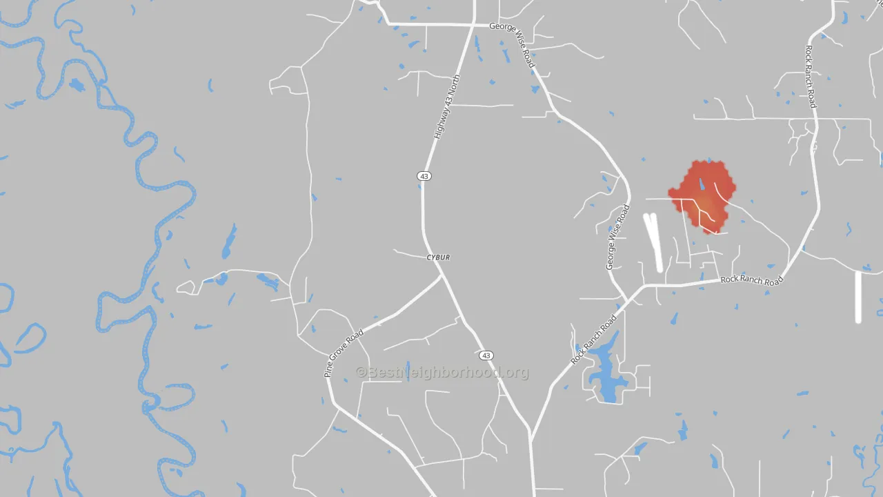 Walk Grade map of Cybur, MS, walkable areas in green and car-dependent areas in red