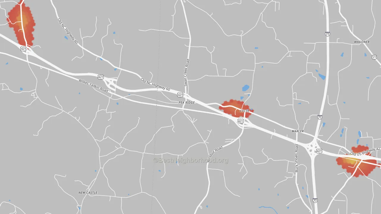 Walk Grade map of Cycle, NC, walkable areas in green and car-dependent areas in red