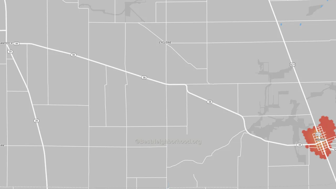 Walk Grade map of Cyclone, IN, walkable areas in green and car-dependent areas in red