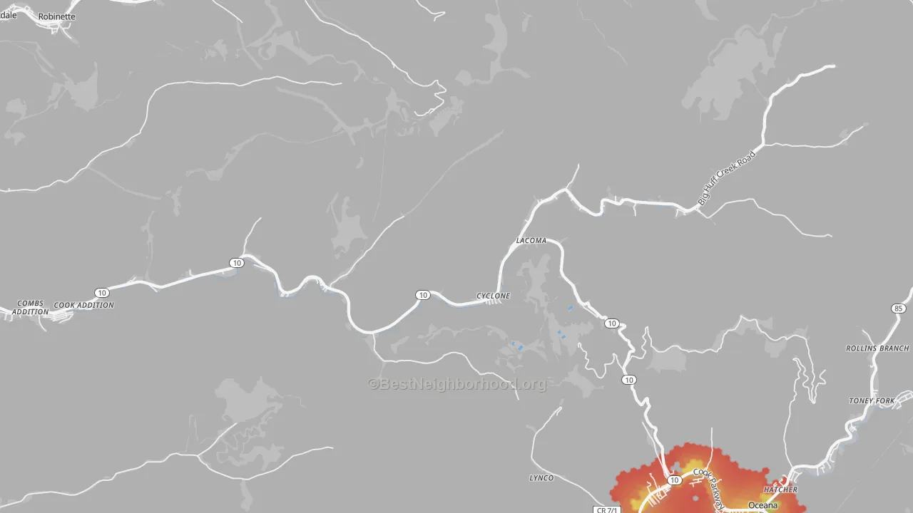 Walk Grade map of Cyclone, WV, walkable areas in green and car-dependent areas in red