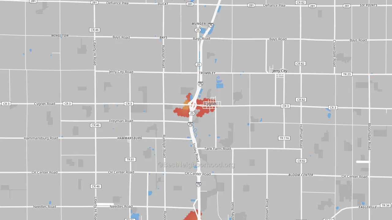 Walk Grade map of Cygnet, OH, walkable areas in green and car-dependent areas in red