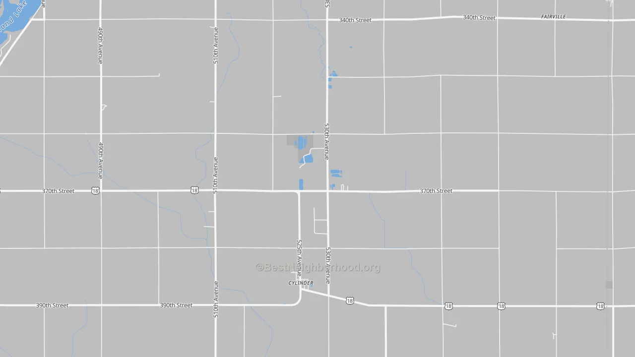 Walk Grade map of Cylinder, IA, walkable areas in green and car-dependent areas in red