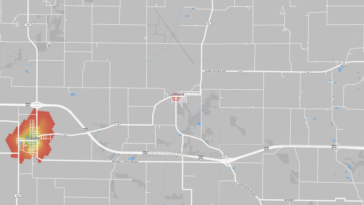 Walk Grade map of Cynthiana, IN, walkable areas in green and car-dependent areas in red