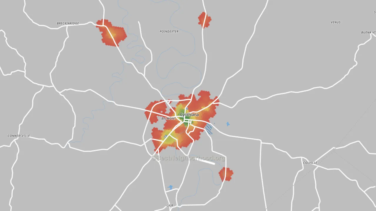 Walk Grade map of Cynthiana, KY, walkable areas in green and car-dependent areas in red