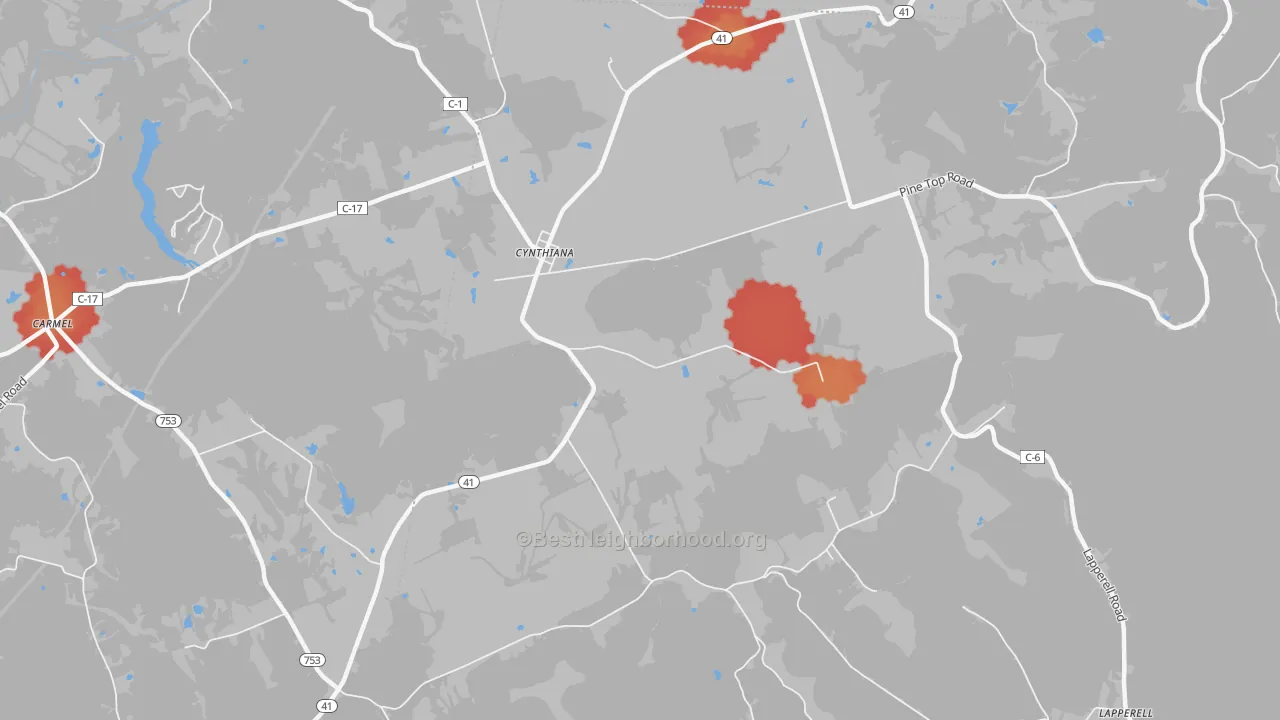 Walk Grade map of Cynthiana, OH, walkable areas in green and car-dependent areas in red