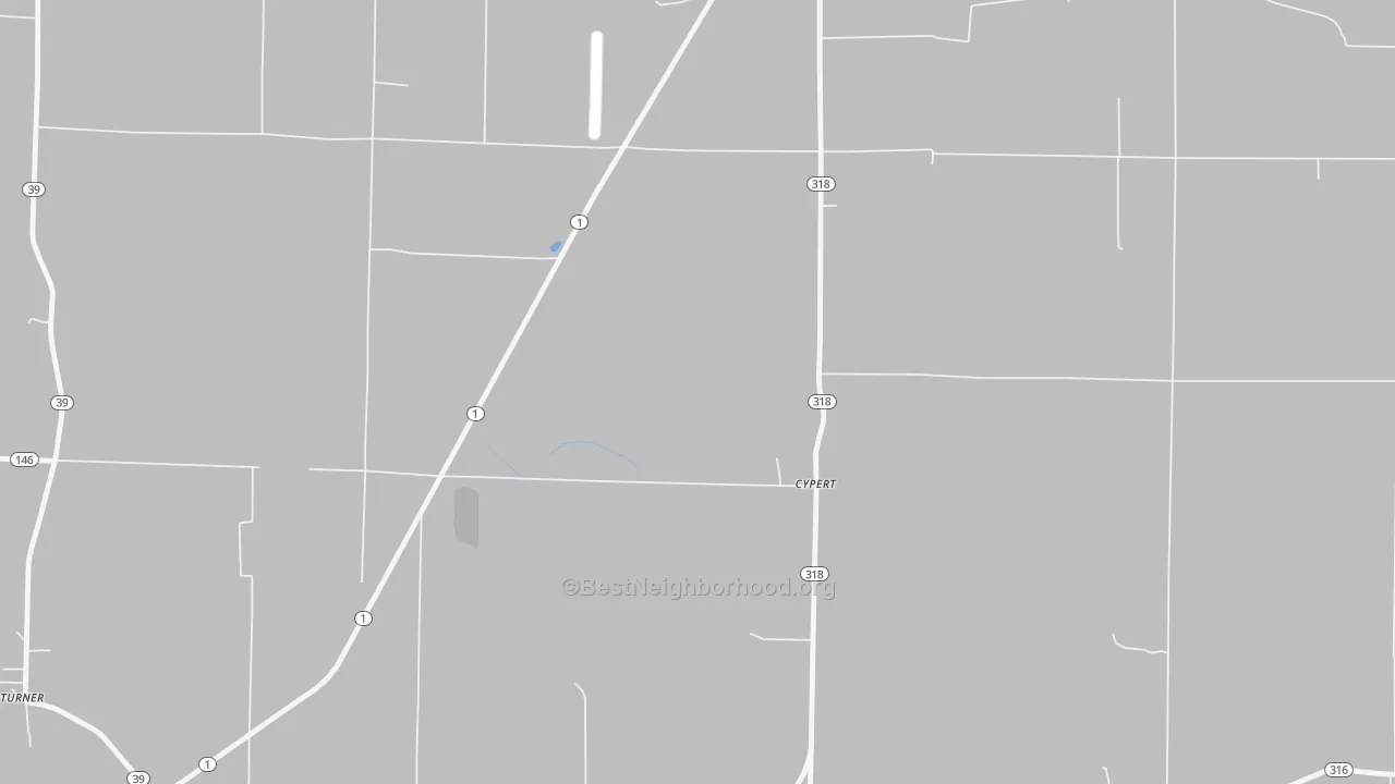Walk Grade map of Cypert, AR, walkable areas in green and car-dependent areas in red