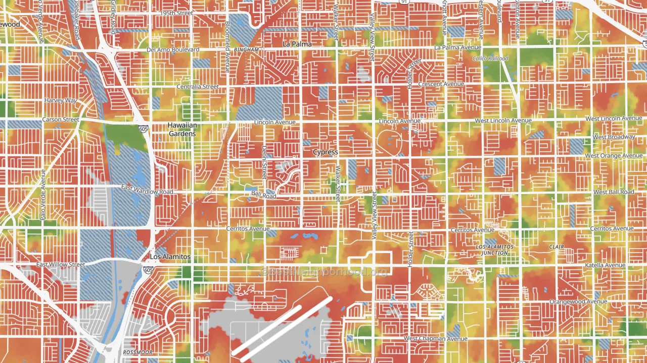 Walk Grade map of Cypress, CA, walkable areas in green and car-dependent areas in red