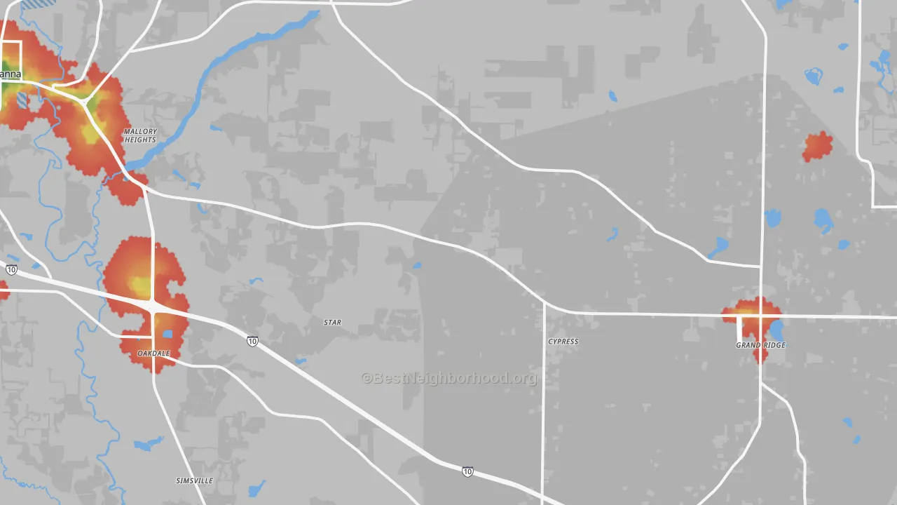 Walk Grade map of Cypress, FL, walkable areas in green and car-dependent areas in red
