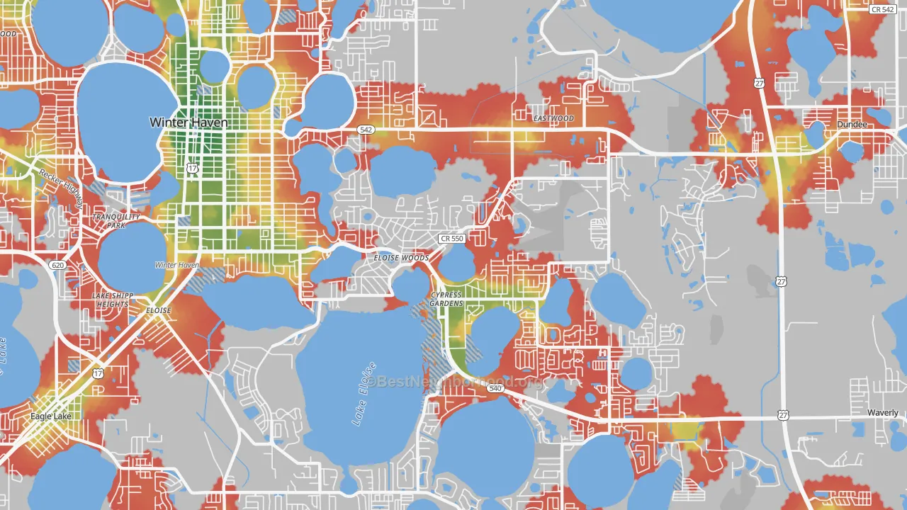 Walk Grade map of Cypress Gardens, FL, walkable areas in green and car-dependent areas in red