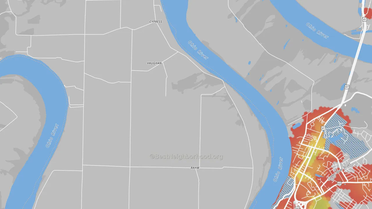 Walk Grade map of Cypress, IN, walkable areas in green and car-dependent areas in red