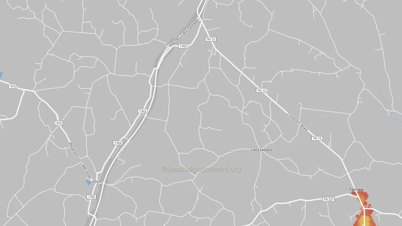 Walk Grade map of Cypress Inn, TN, walkable areas in green and car-dependent areas in red