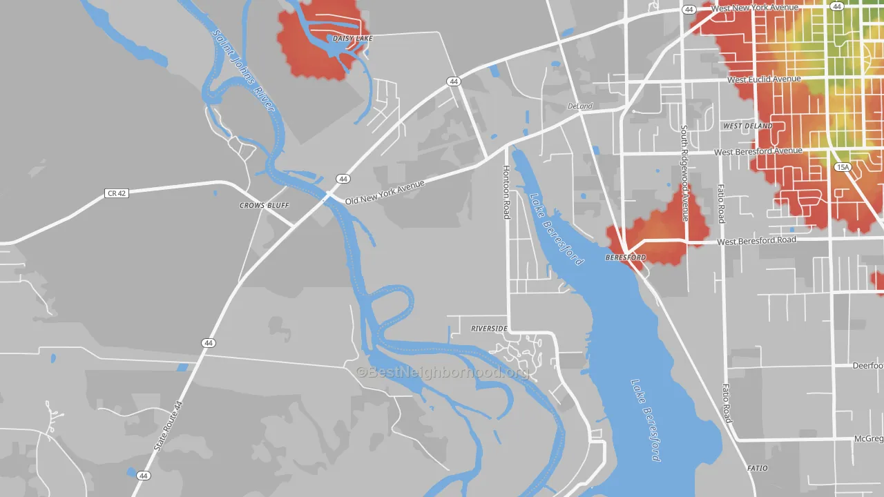 Walk Grade map of Cypress Lake Estates, FL, walkable areas in green and car-dependent areas in red