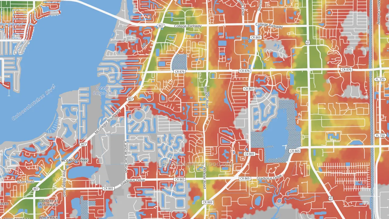 Walk Grade map of Cypress Lake, FL, walkable areas in green and car-dependent areas in red