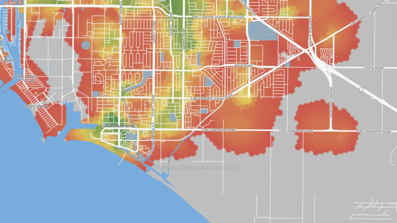 Walk Grade map of Cypress, Oxnard, CA, walkable areas in green and car-dependent areas in red