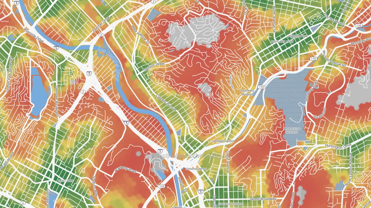 Walk Grade map of Cypress Park, Los Angeles, CA, walkable areas in green and car-dependent areas in red