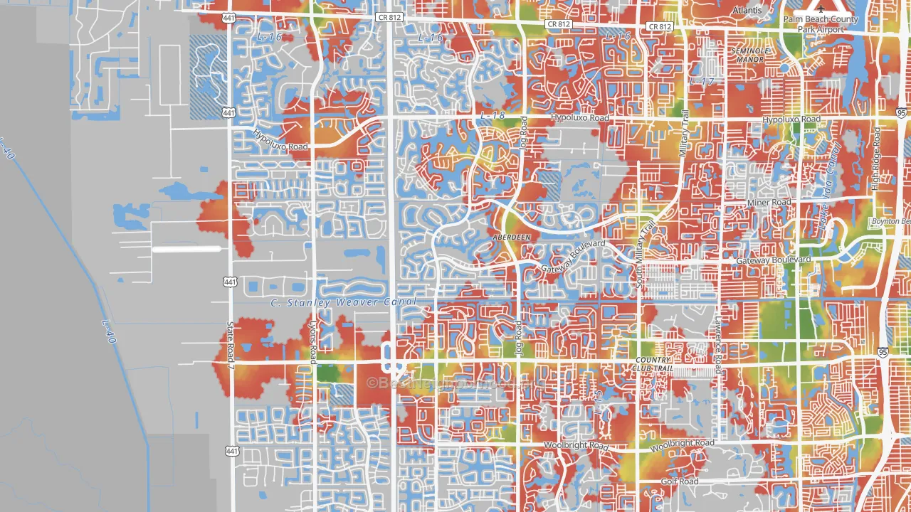 Walk Grade map of Cypress Quarters, FL, walkable areas in green and car-dependent areas in red