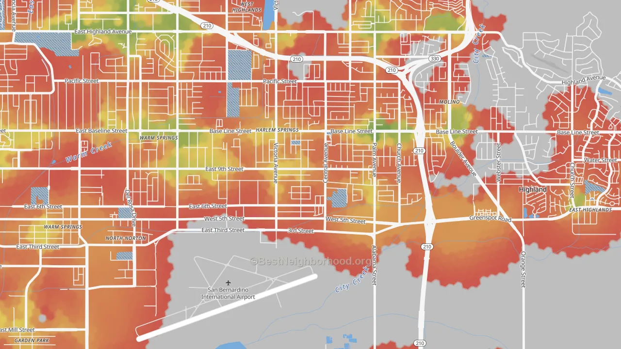 Walk Grade map of Cypress-Riverside, Highland, CA, walkable areas in green and car-dependent areas in red