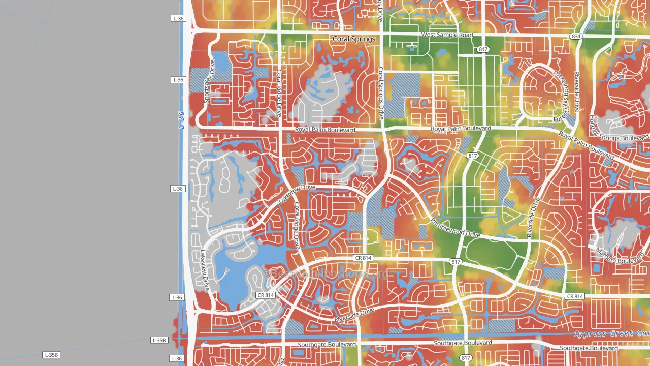 Walk Grade map of Cypress Run, Coral Springs, FL, walkable areas in green and car-dependent areas in red
