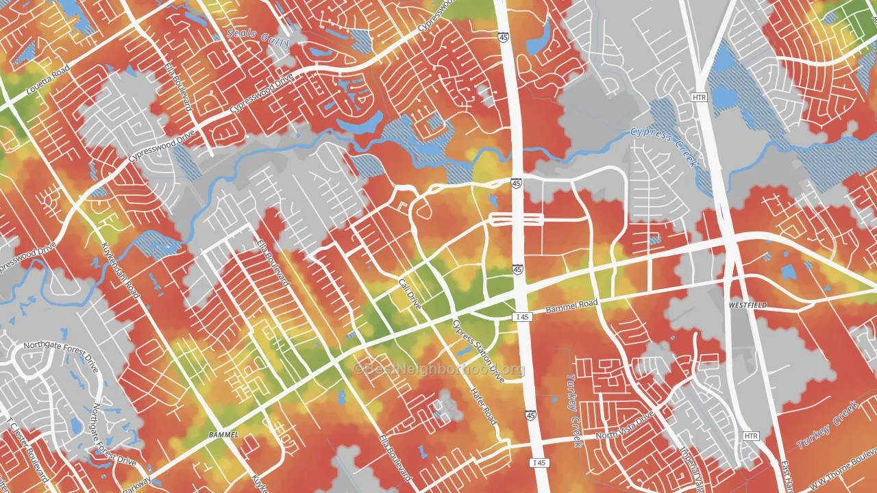 Walk Grade map of Cypress Station, Houston, TX, walkable areas in green and car-dependent areas in red