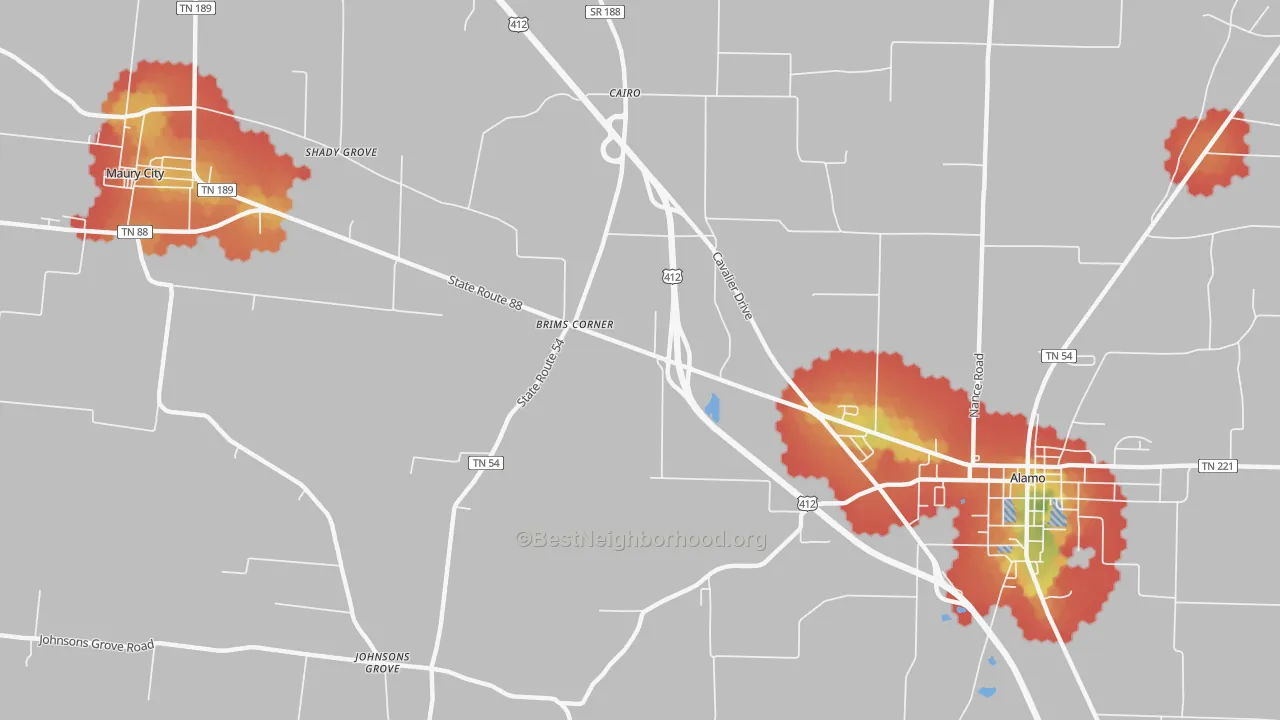 Walk Grade map of Cypress, TN, walkable areas in green and car-dependent areas in red