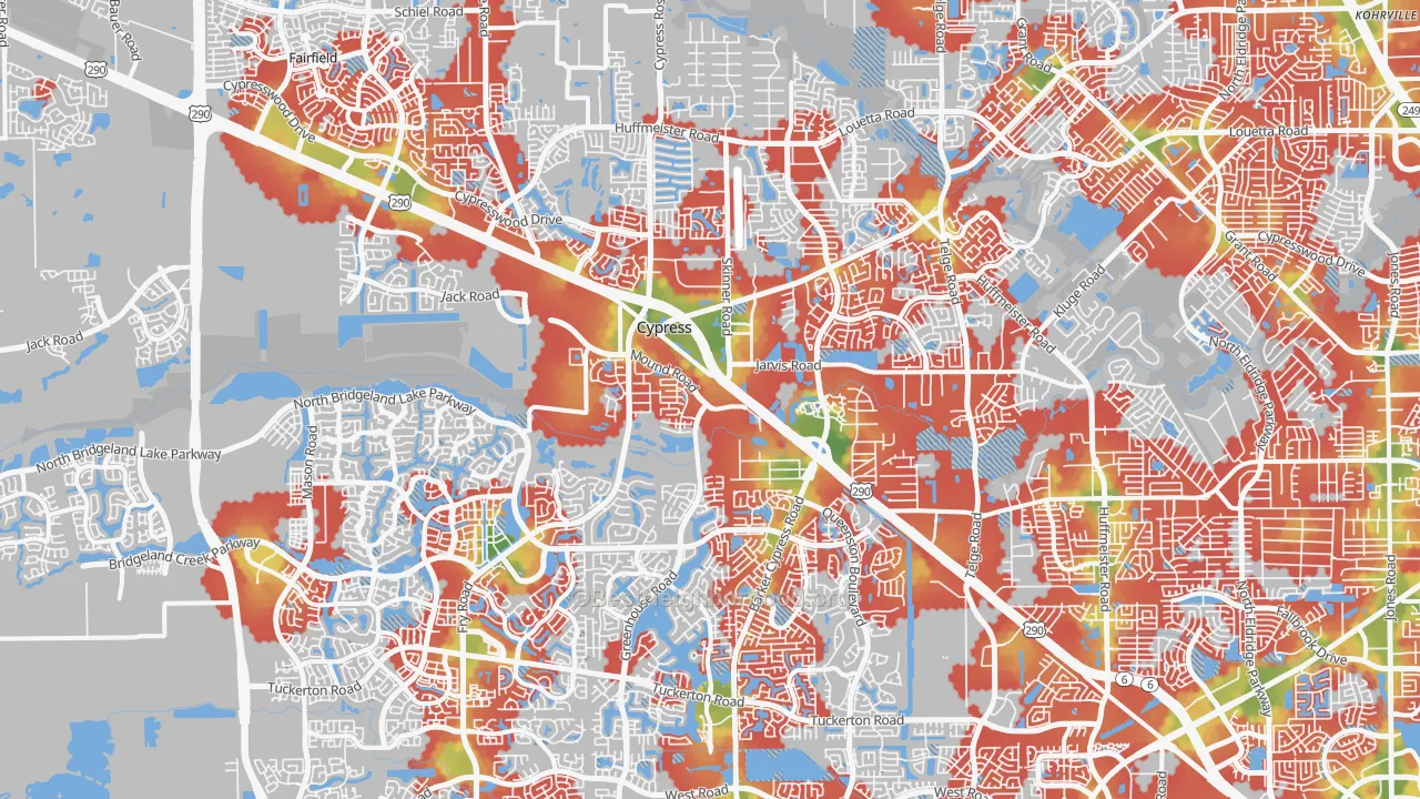 Walk Grade map of Cypress, TX, walkable areas in green and car-dependent areas in red