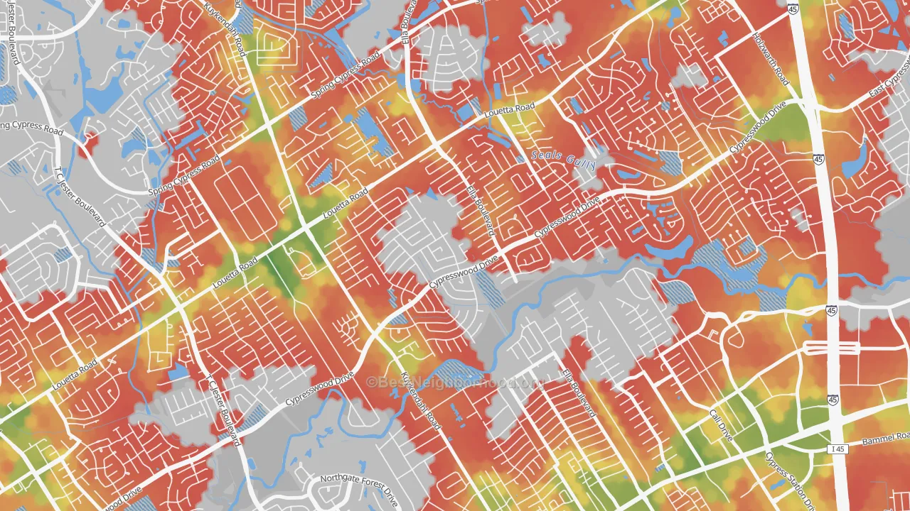 Walk Grade map of Cypresswood, Spring, TX, walkable areas in green and car-dependent areas in red