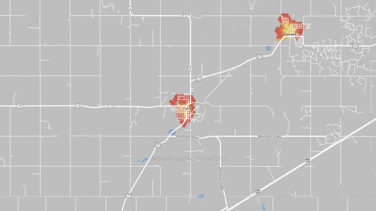 Walk Grade map of Cyril, OK, walkable areas in green and car-dependent areas in red