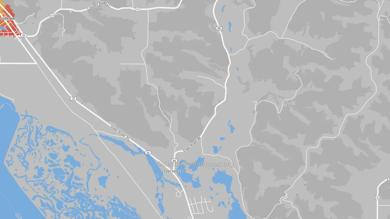 Walk Grade map of Czechville, WI, walkable areas in green and car-dependent areas in red