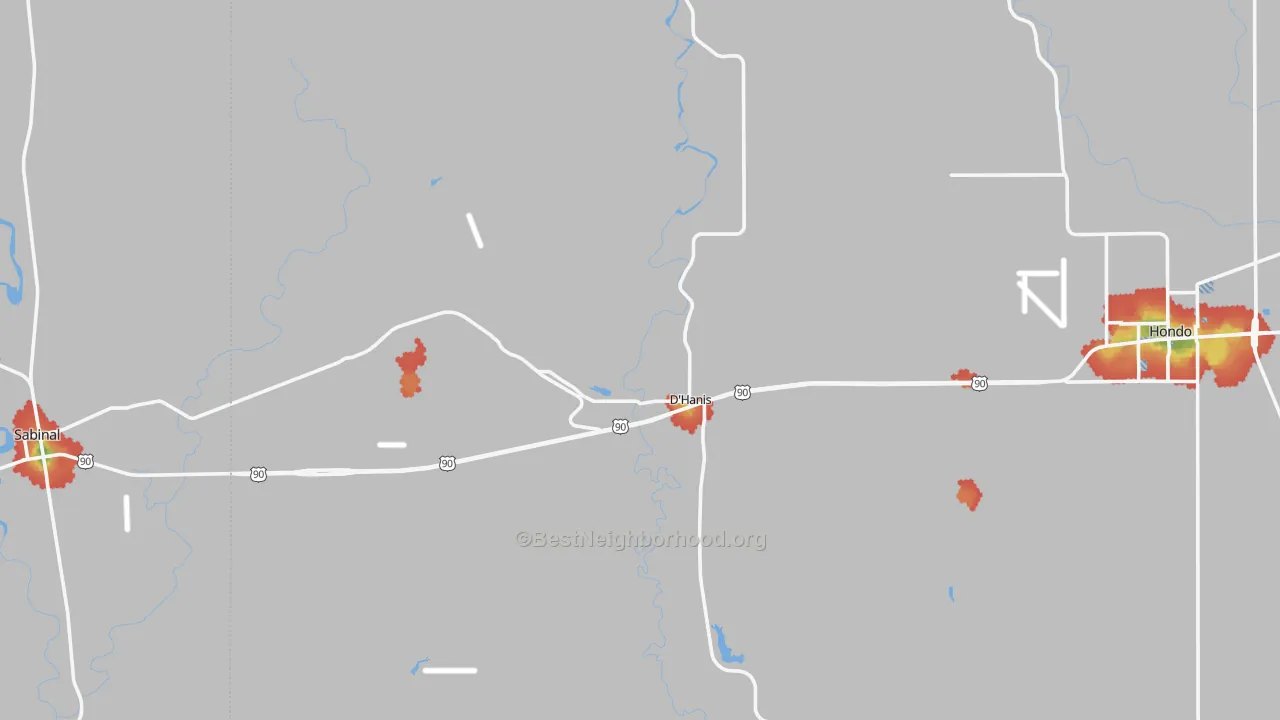 Walk Grade map of D'Hanis, TX, walkable areas in green and car-dependent areas in red