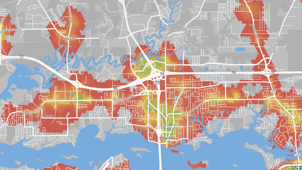 Walk Grade map of D'Iberville, MS, walkable areas in green and car-dependent areas in red