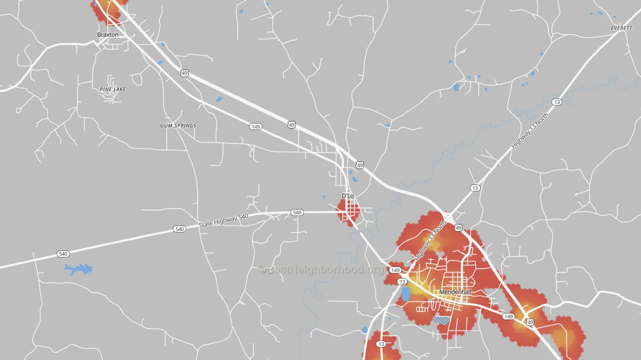 Walk Grade map of D'Lo, MS, walkable areas in green and car-dependent areas in red