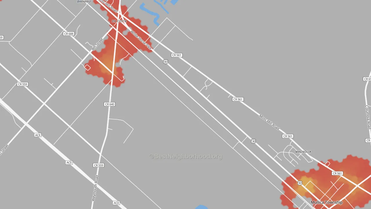 Walk Grade map of Da Costa, NJ, walkable areas in green and car-dependent areas in red
