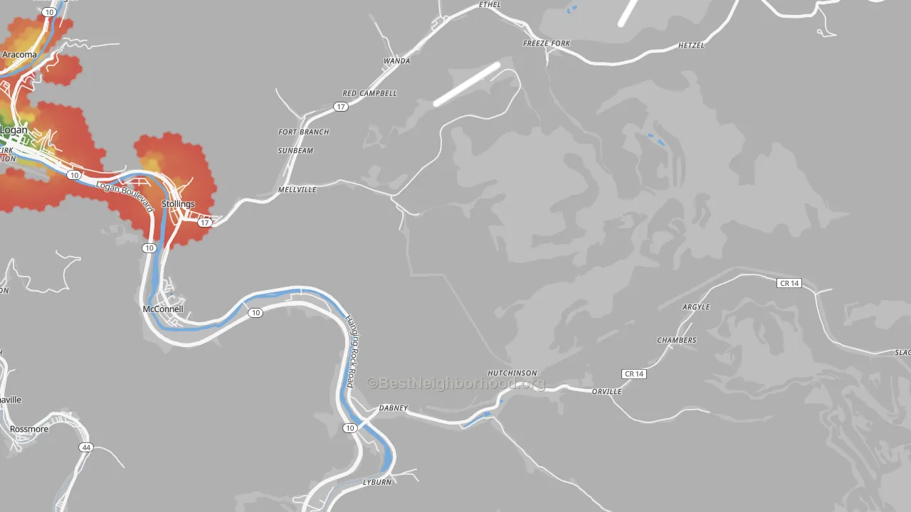 Walk Grade map of Dabney, WV, walkable areas in green and car-dependent areas in red