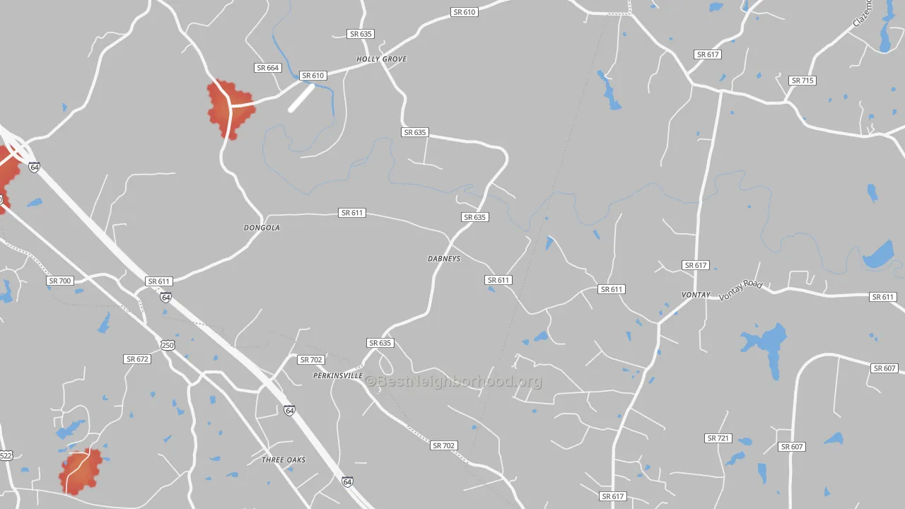 Walk Grade map of Dabneys, VA, walkable areas in green and car-dependent areas in red