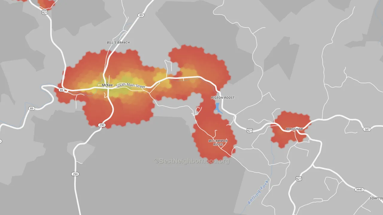 Walk Grade map of Dabolt, KY, walkable areas in green and car-dependent areas in red